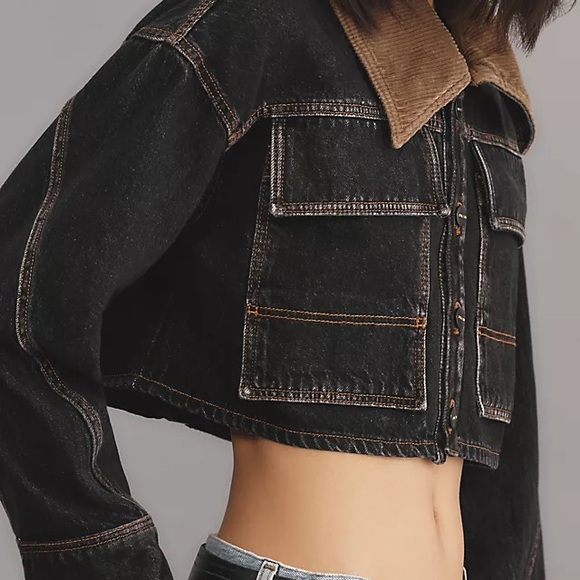 Pilcro Cropped Denim Barn Jacket Corduroy Collar Washed Black Womens XS - Picture 2 of 11